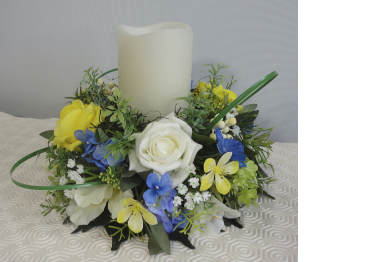 Lemon, Blue & Ivory Candle Wreath Centrepiece
